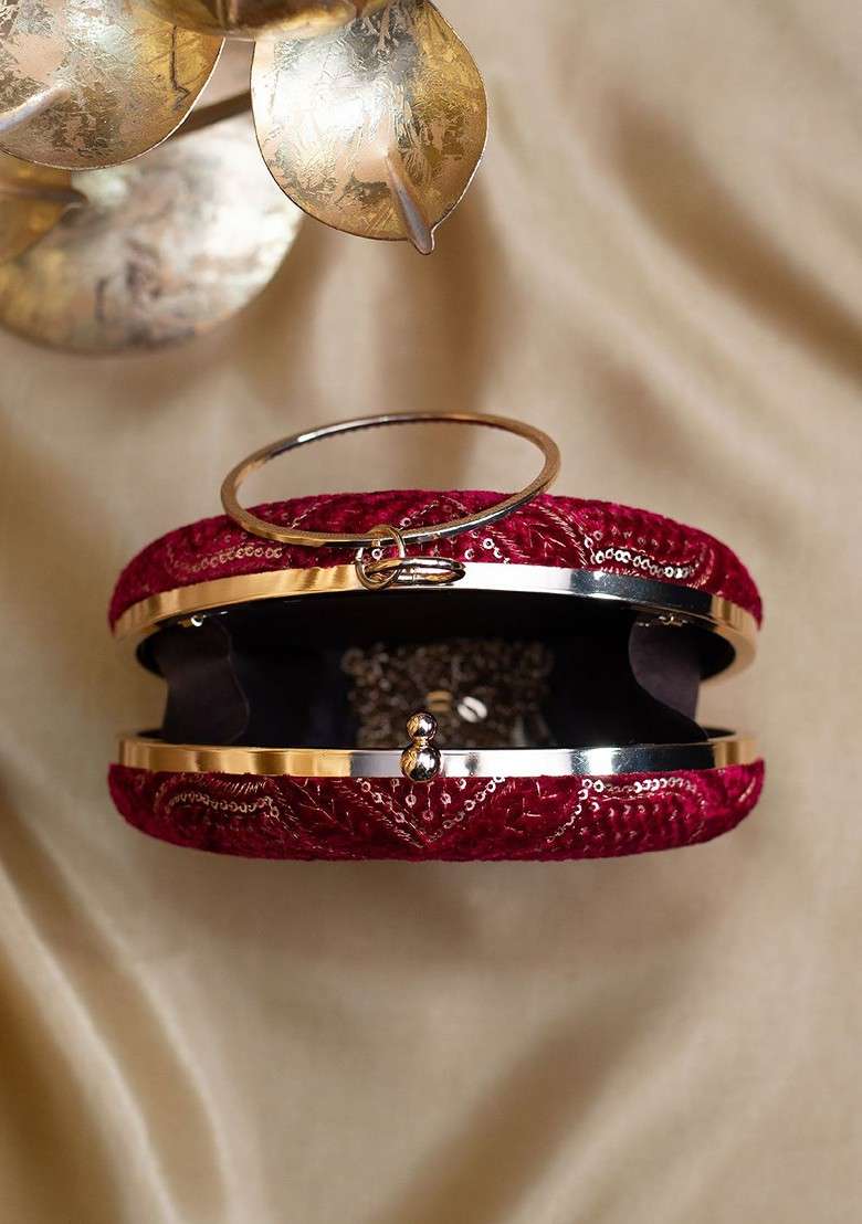 Maroon Satin Thread Work And Sequins Embroidered Box Clutch - Indya