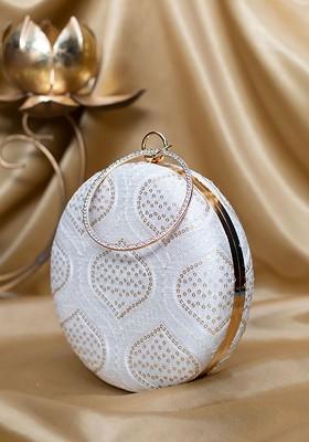 White Satin Embroidered Sequinned Box Clutch