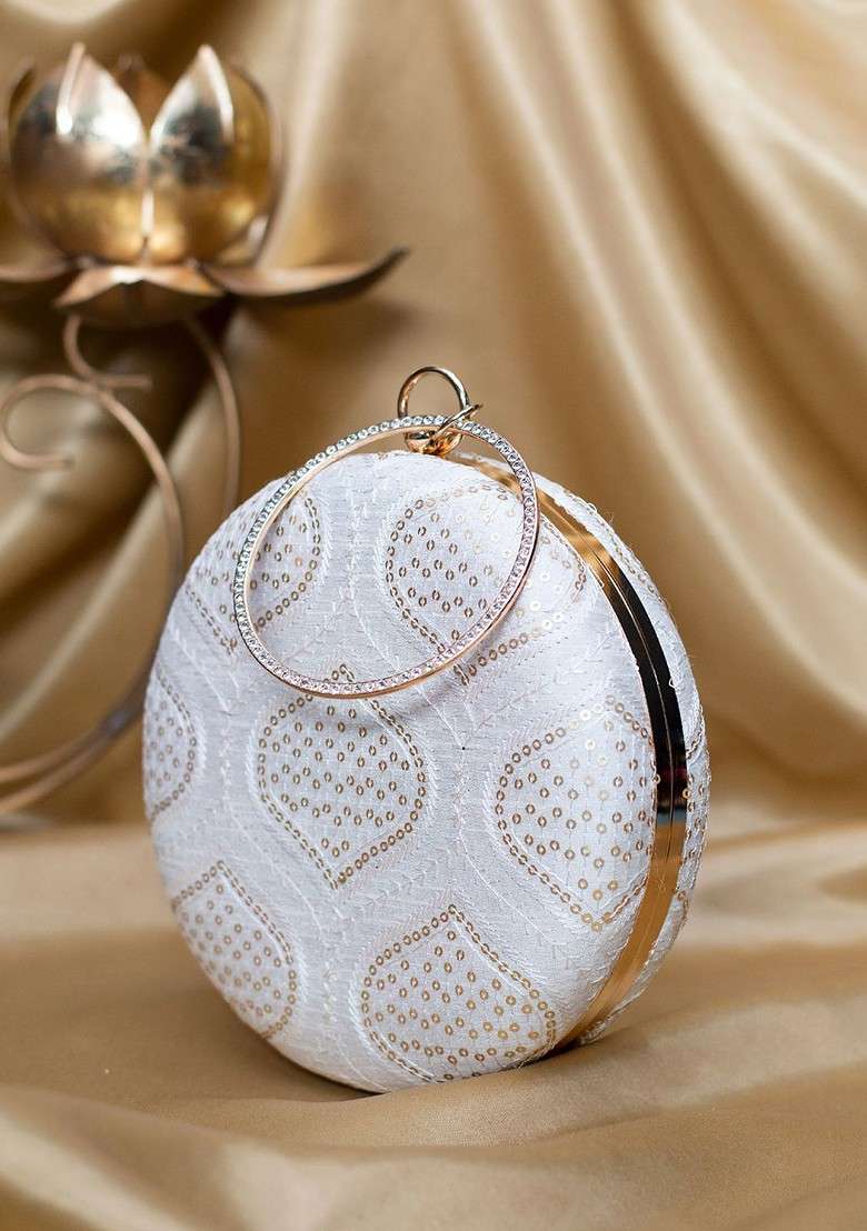 White Satin Embroidered Sequinned Box Clutch - Indya