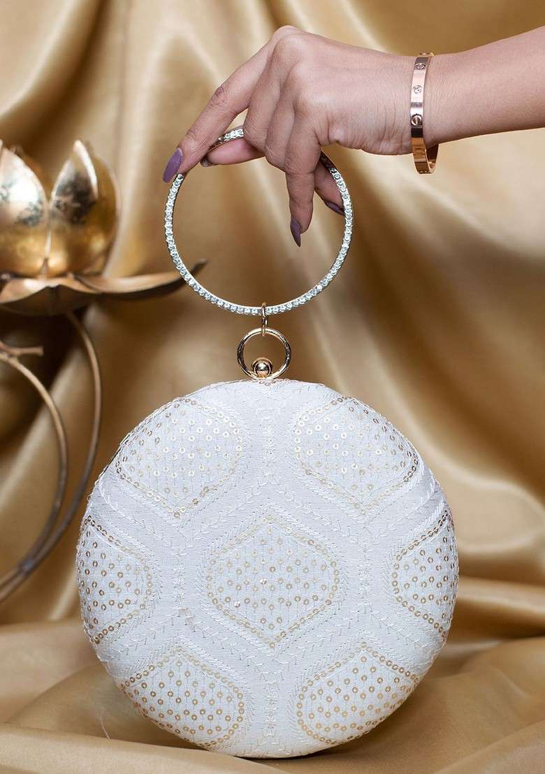 White Satin Embroidered Sequinned Box Clutch - Indya