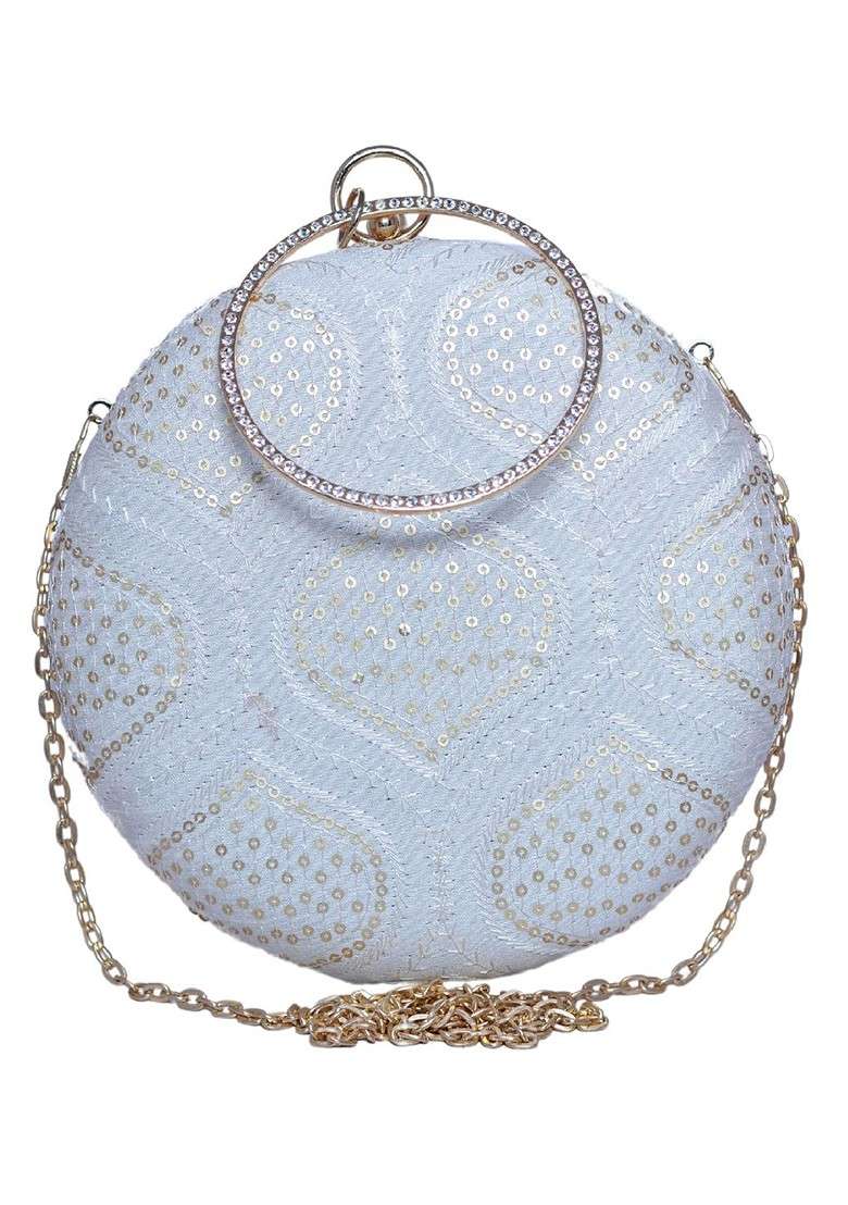 White Satin Embroidered Sequinned Box Clutch - Indya