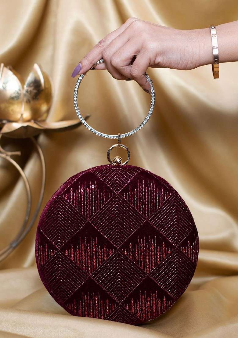 Maroon Satin Threadwork And Sequins Embroidered Box Clutch - Indya
