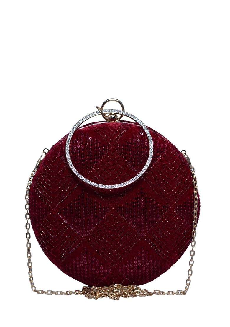 Maroon Satin Threadwork And Sequins Embroidered Box Clutch - Indya