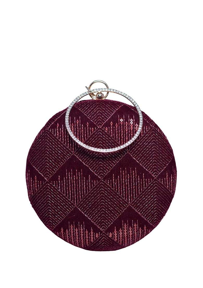 Maroon Satin Threadwork And Sequins Embroidered Box Clutch - Indya