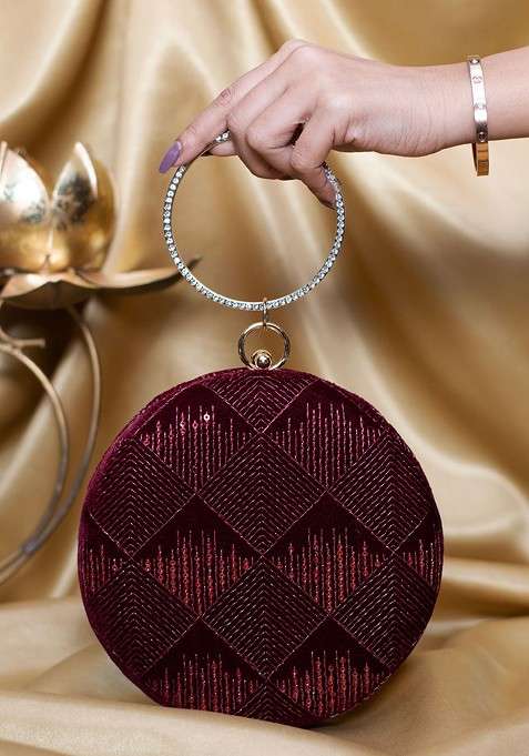 Maroon Satin Threadwork And Sequins Embroidered Box Clutch