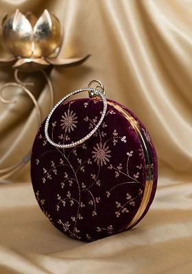 Maroon Satin Sequins Embroidered Box Clutch