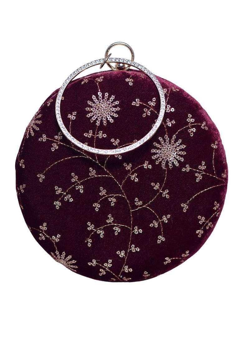 Maroon Satin Sequins Embroidered Box Clutch - Indya
