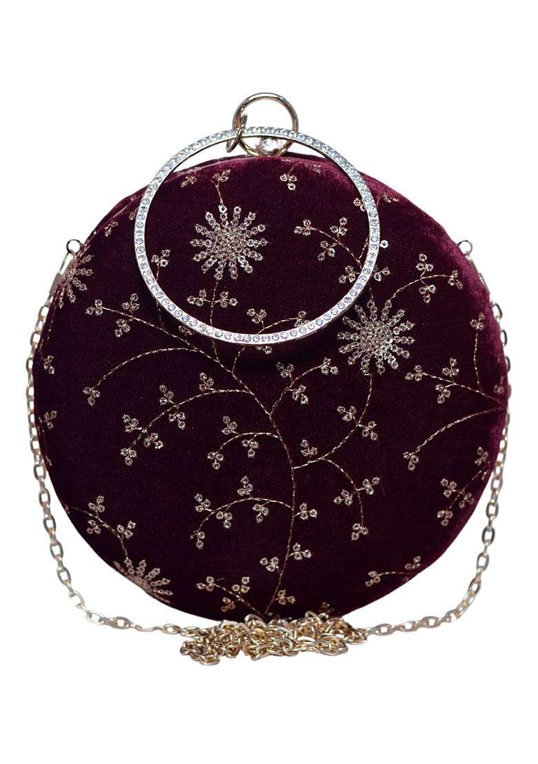 Maroon Satin Sequins Embroidered Box Clutch - Indya