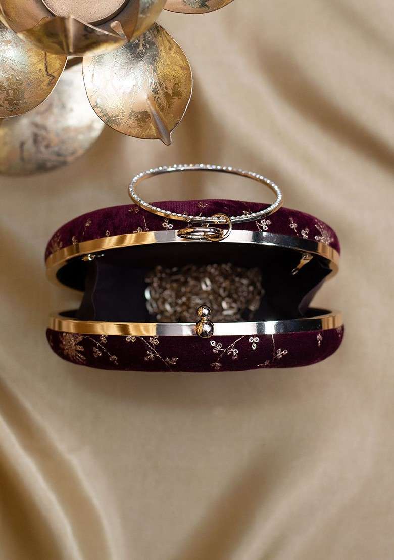 Maroon Satin Sequins Embroidered Box Clutch - Indya