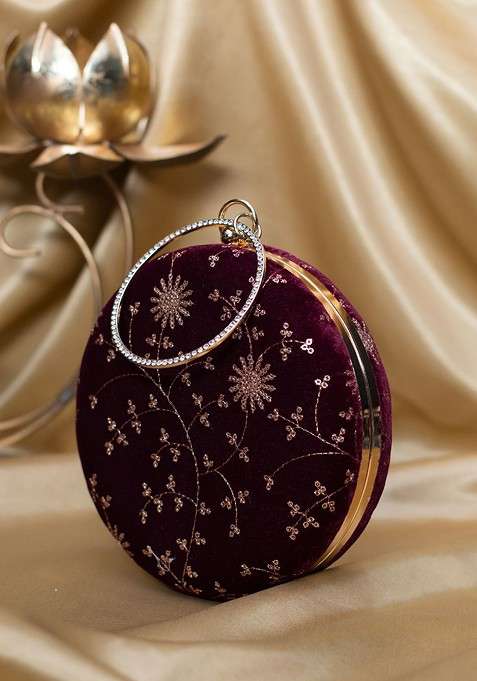Maroon Satin Sequins Embroidered Box Clutch
