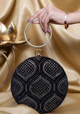 Black Satin Sequins And Threadwork Embroidered Box Clutch