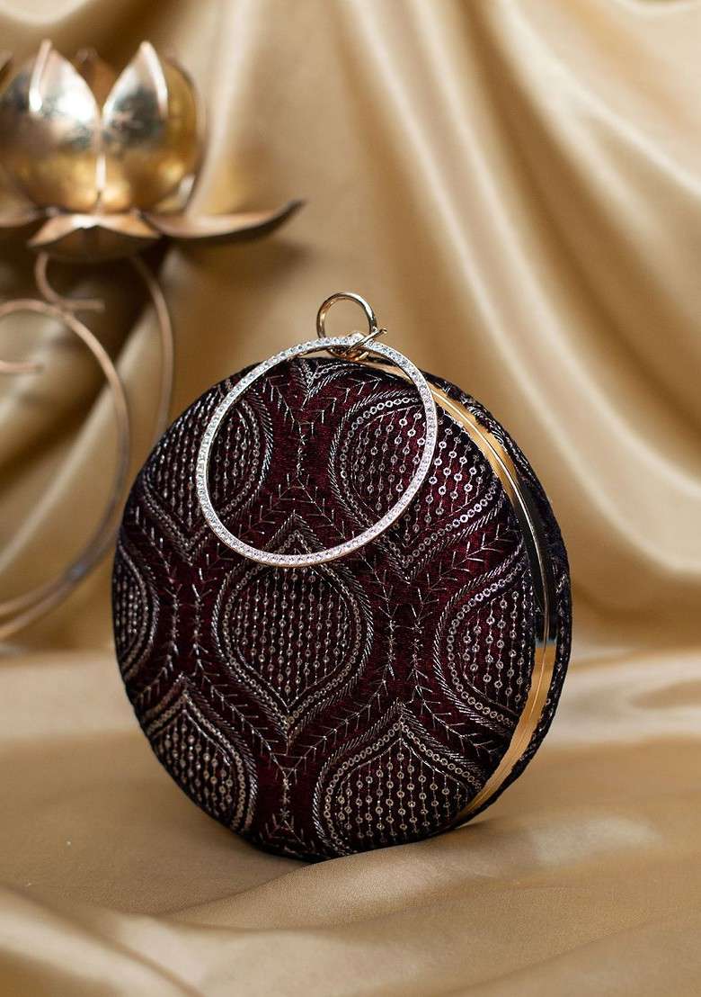 Maroon Satin Embroidered Round Shaped Box Clutch - Indya