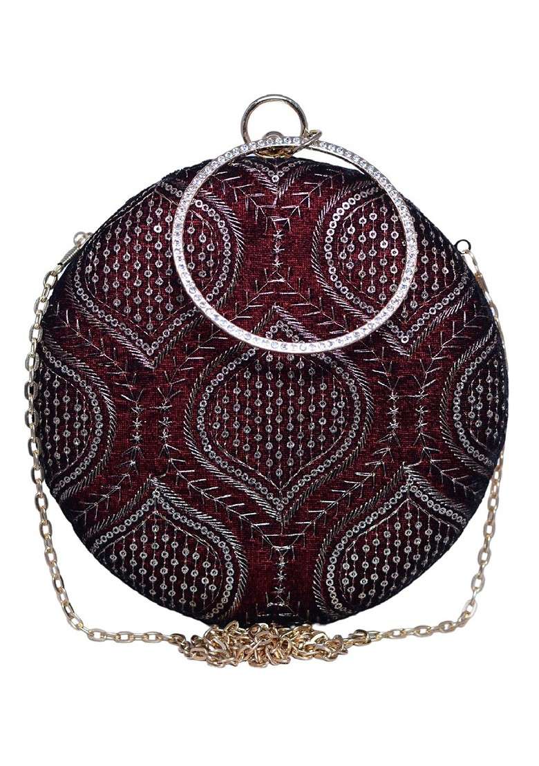 Maroon Satin Embroidered Round Shaped Box Clutch - Indya