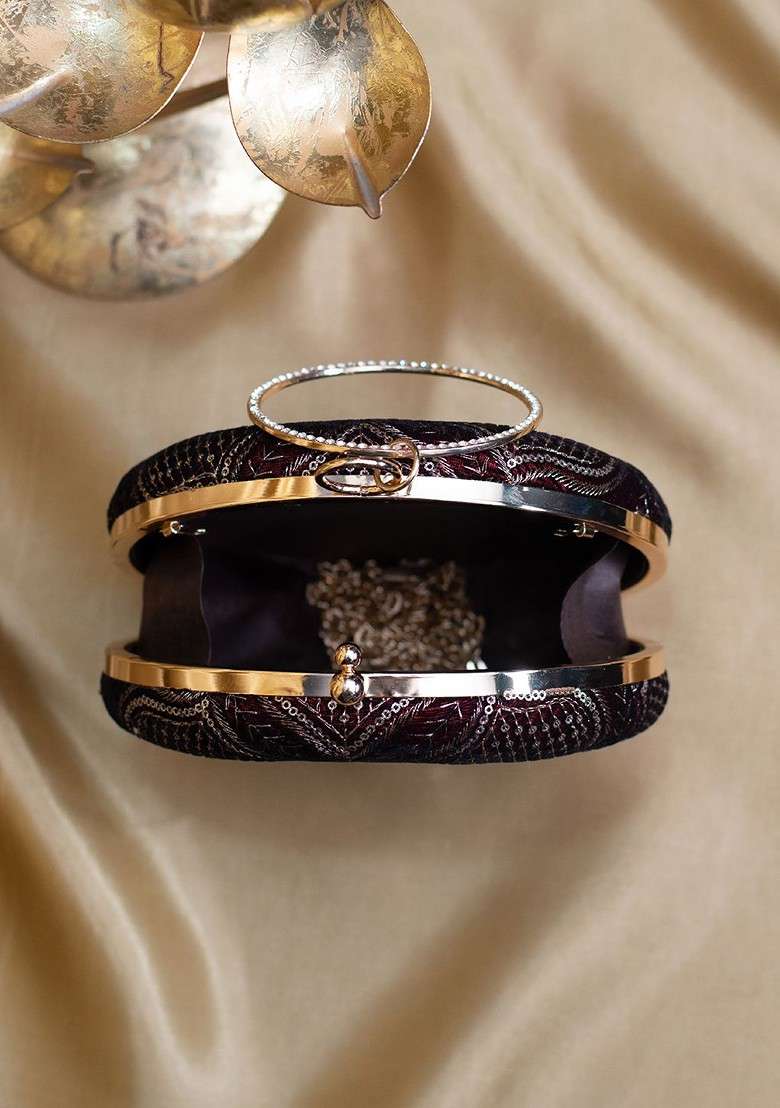 Maroon Satin Embroidered Round Shaped Box Clutch - Indya