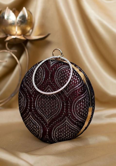 Maroon Satin Embroidered Round Shaped Box Clutch