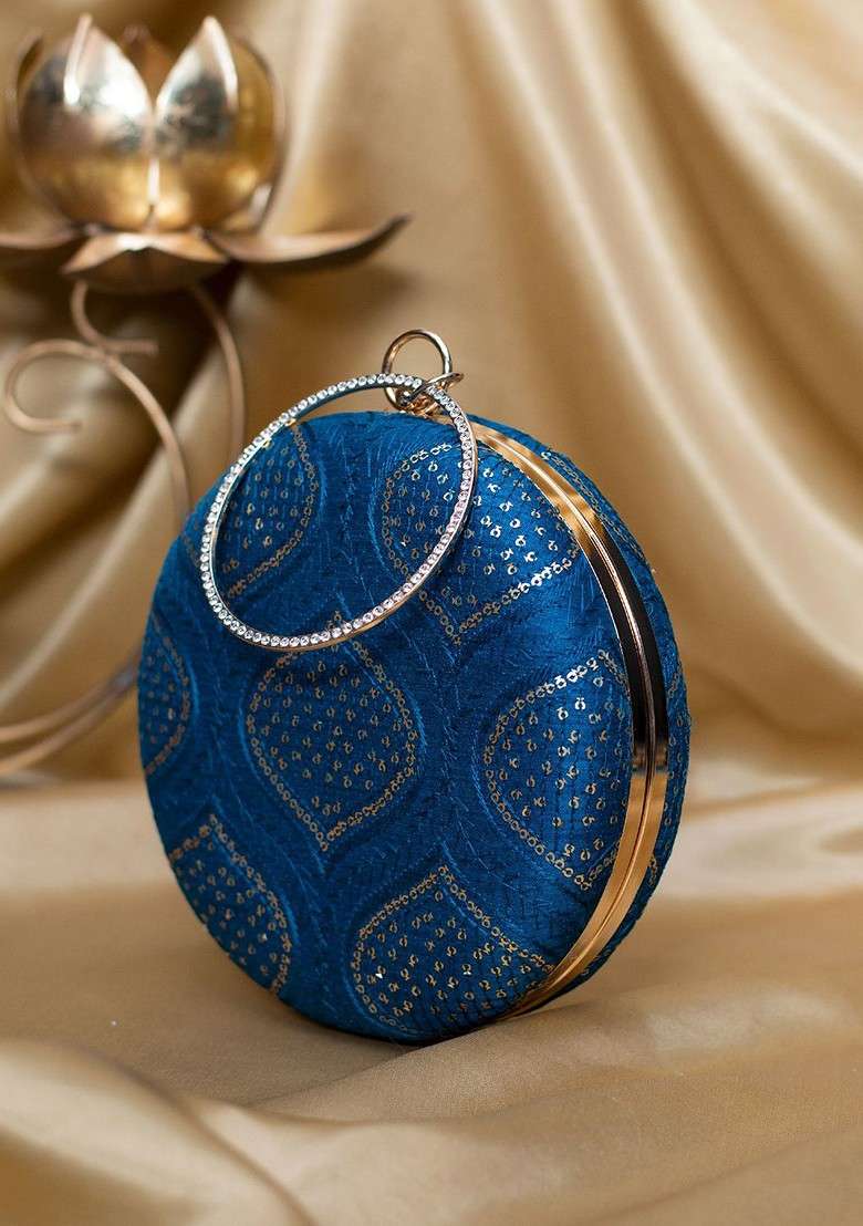 Blue Satin Sequins And Threadwork Embroidered Box Clutch - Indya