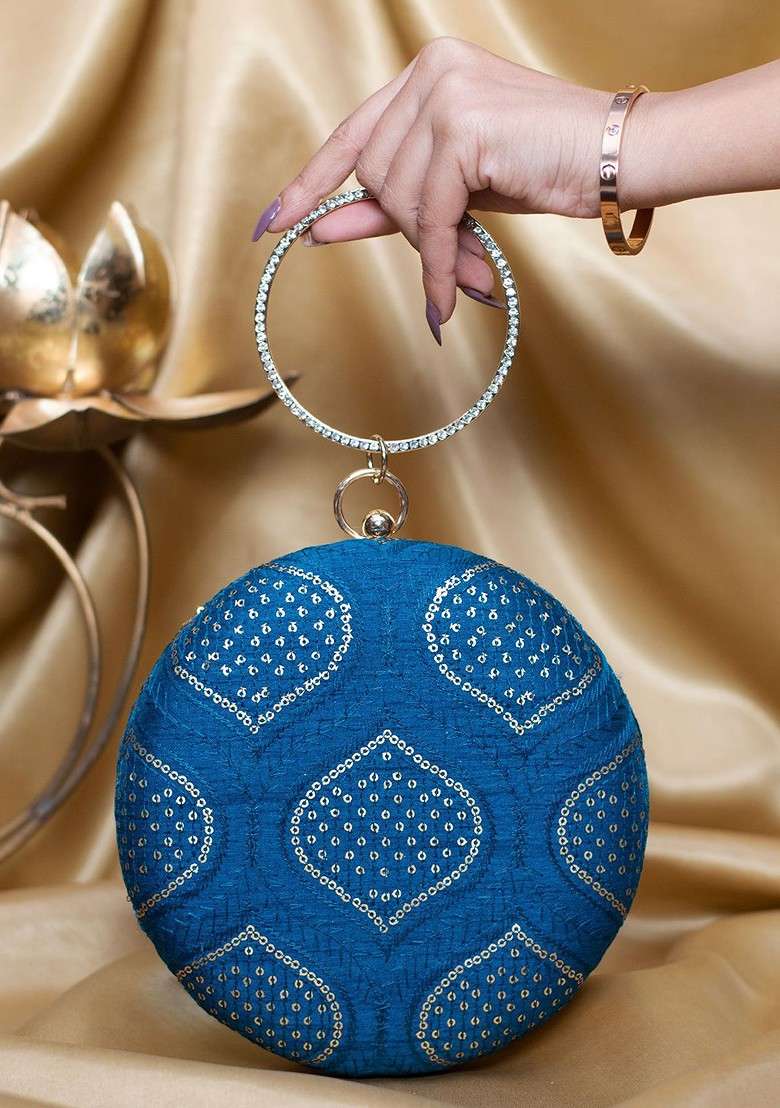 Blue Satin Sequins And Threadwork Embroidered Box Clutch - Indya