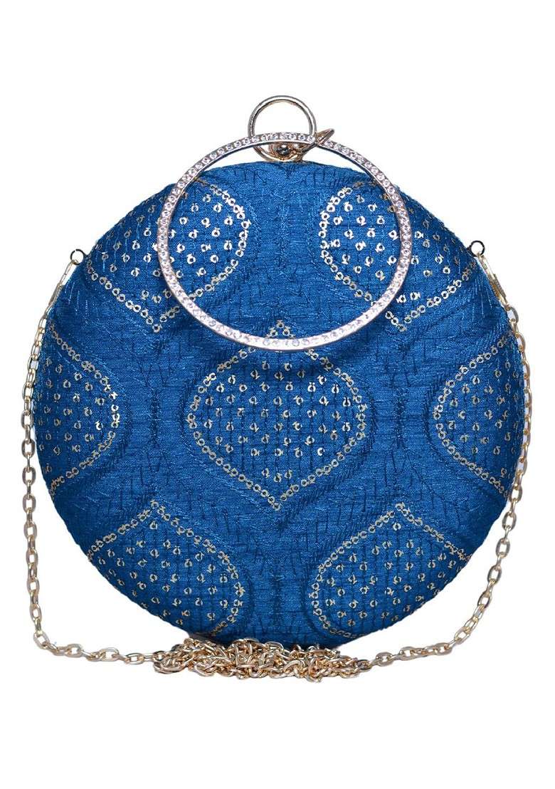 Blue Satin Sequins And Threadwork Embroidered Box Clutch - Indya