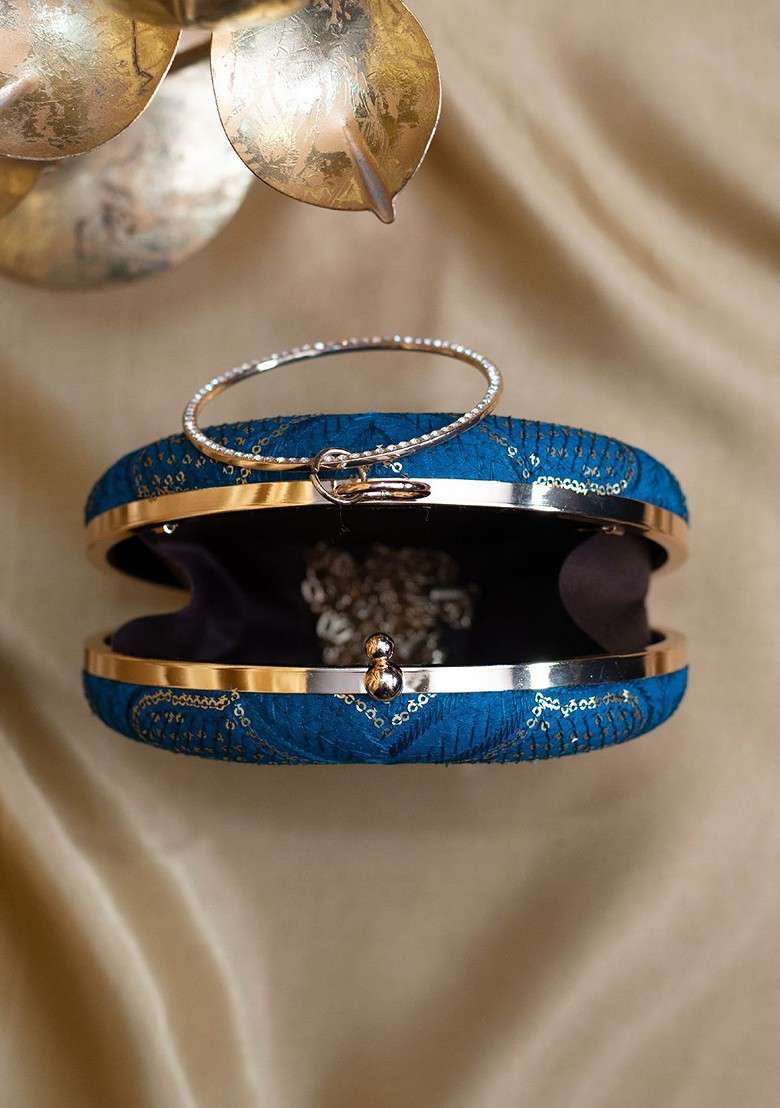 Blue Satin Sequins And Threadwork Embroidered Box Clutch - Indya