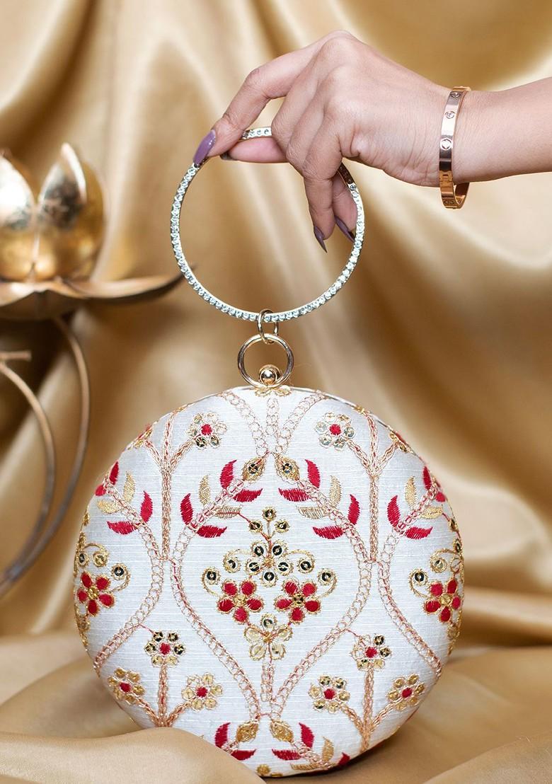 White Satin Threadwork Embroidered Box Clutch