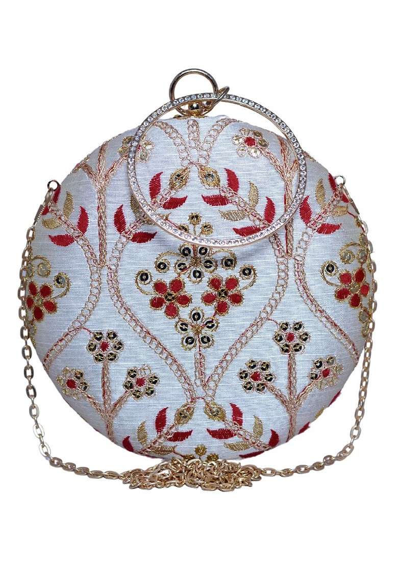 White Satin Threadwork Embroidered Box Clutch - Indya