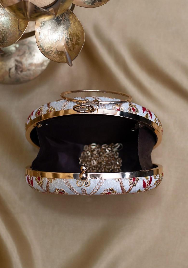White Satin Threadwork Embroidered Box Clutch