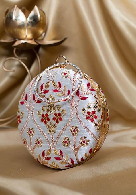 White Satin Threadwork Embroidered Box Clutch