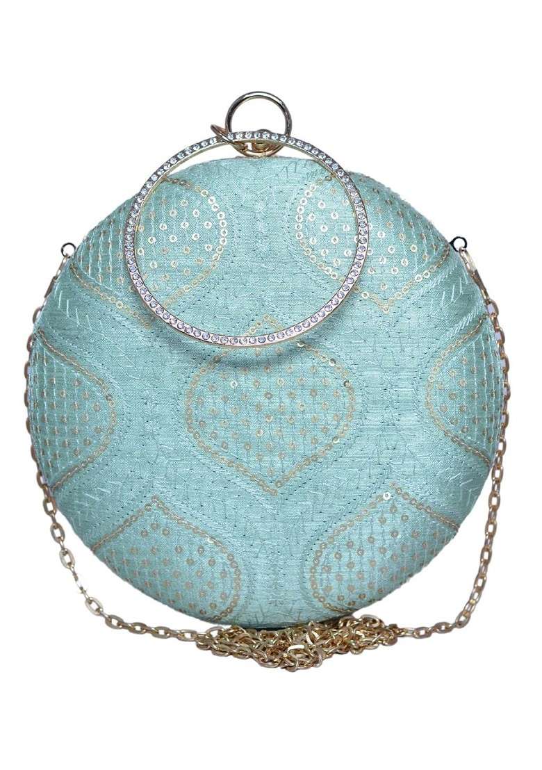 Blue Satin Sequins Embroidered Box Clutch - Indya