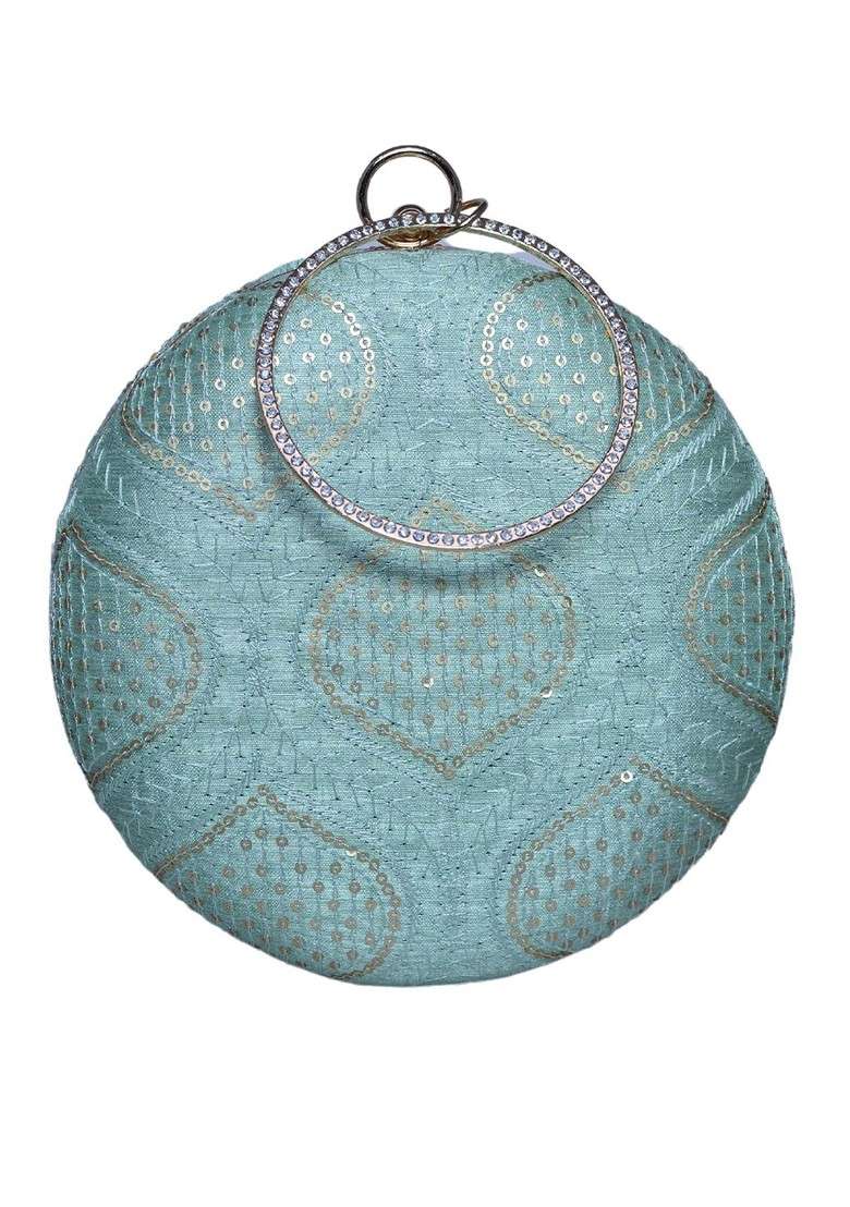Blue Satin Sequins Embroidered Box Clutch - Indya