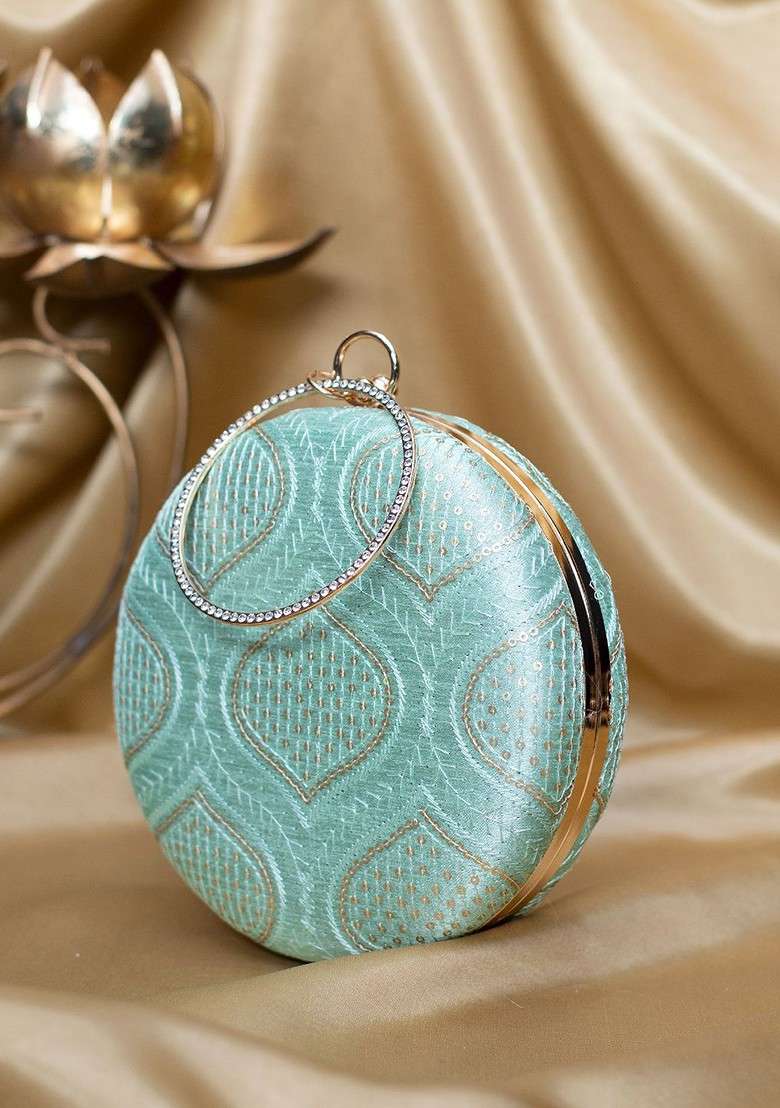 Blue Satin Sequins Embroidered Box Clutch - Indya