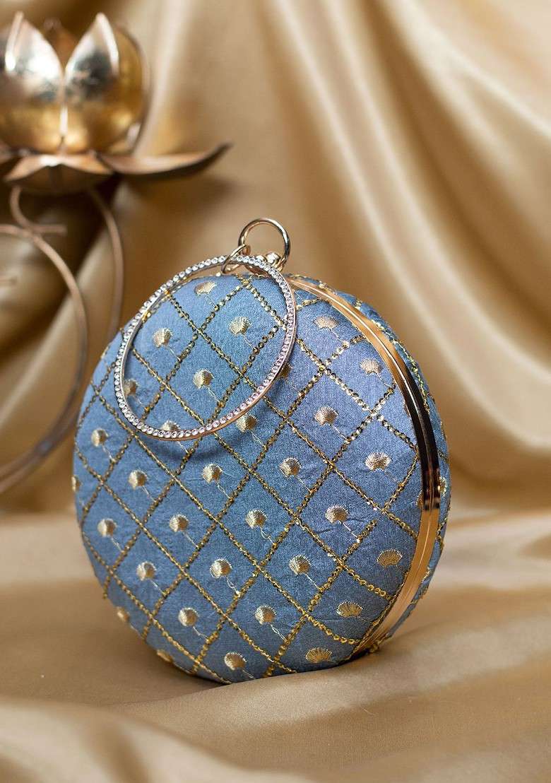 Grey Satin Sequins Embroidered Box Clutch - Indya