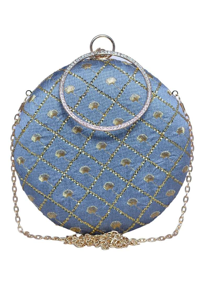 Grey Satin Sequins Embroidered Box Clutch - Indya