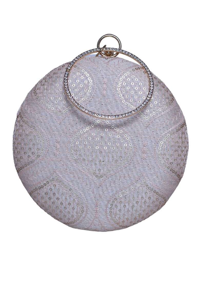 Beige Satin Threadwork And Sequins Embroidered Box Clutch - Indya