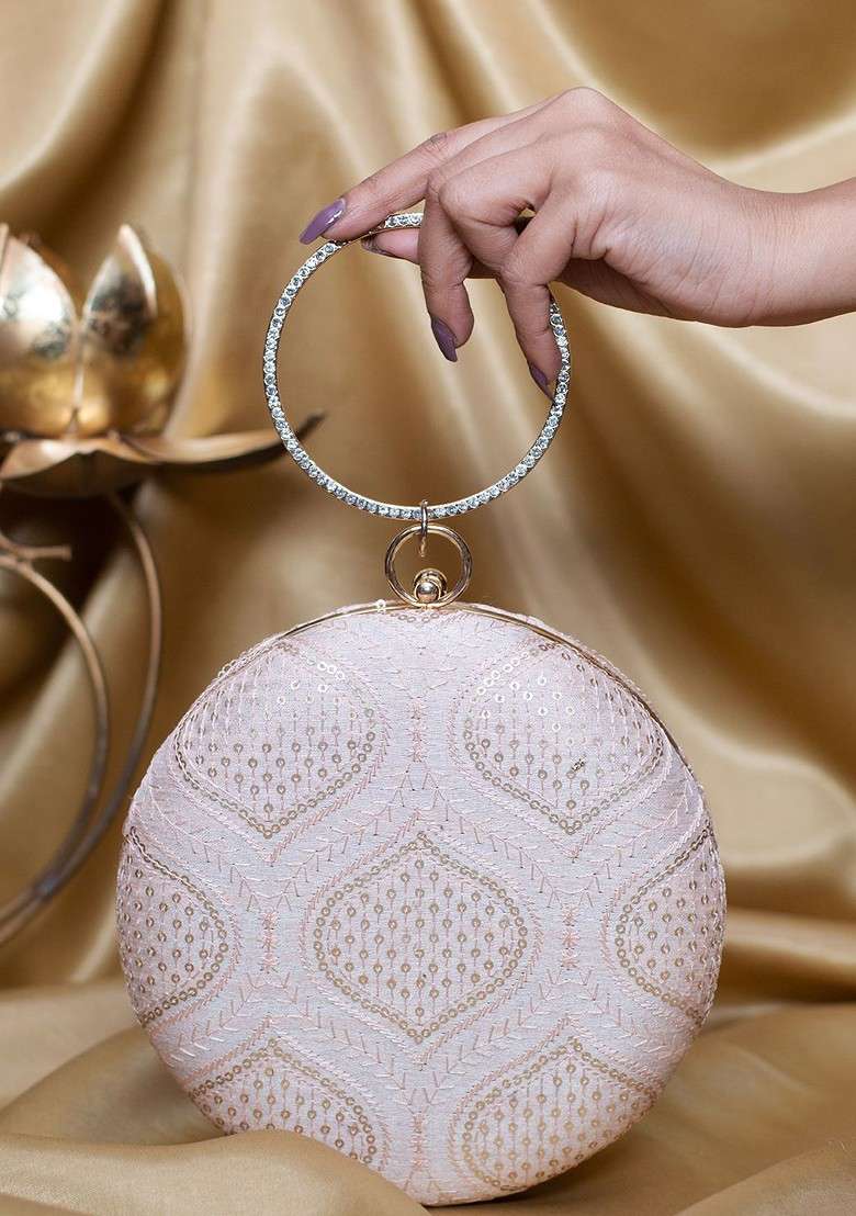 Beige Satin Threadwork And Sequins Embroidered Box Clutch - Indya
