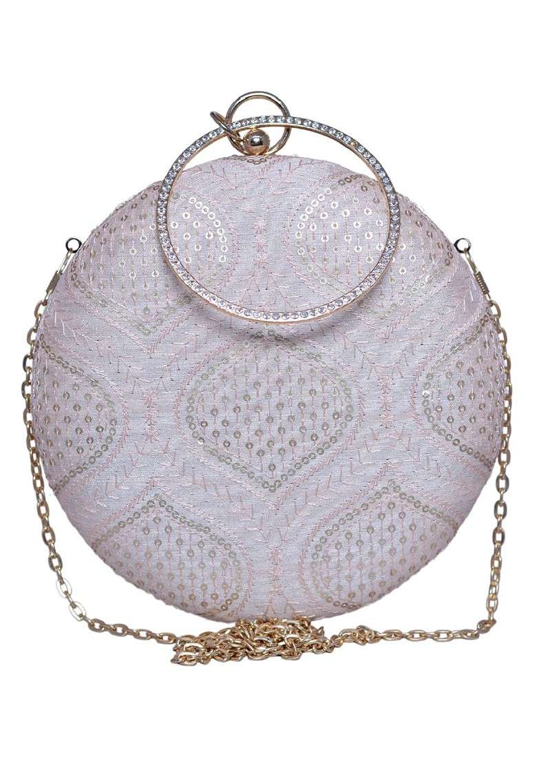 Beige Satin Threadwork And Sequins Embroidered Box Clutch - Indya