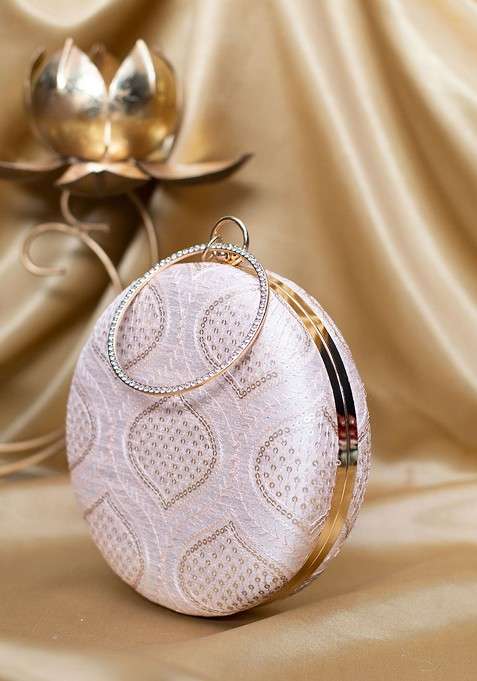 Beige Satin Threadwork And Sequins Embroidered Box Clutch