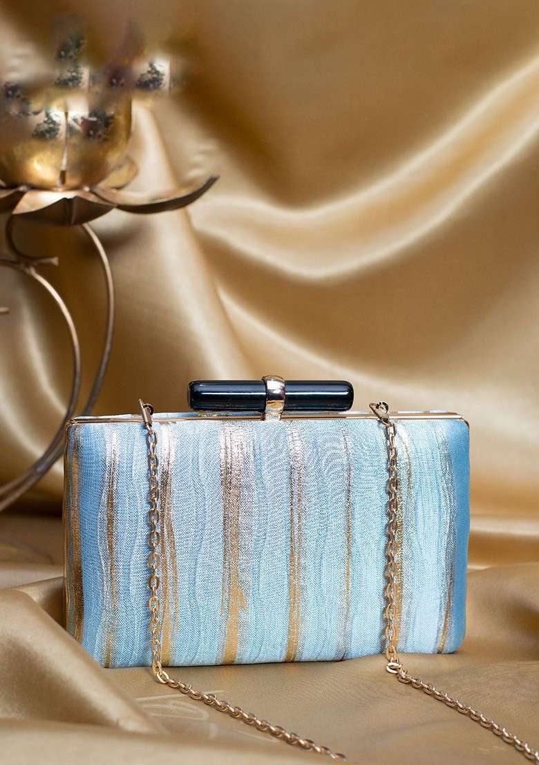 Blue Satin Embroidered Box Clutch - Indya