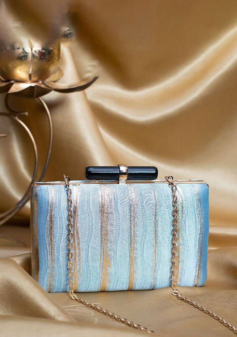 Blue Satin Embroidered Box Clutch - Indya