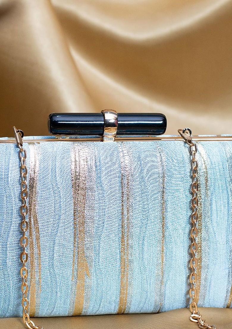 Blue Satin Embroidered Box Clutch - Indya