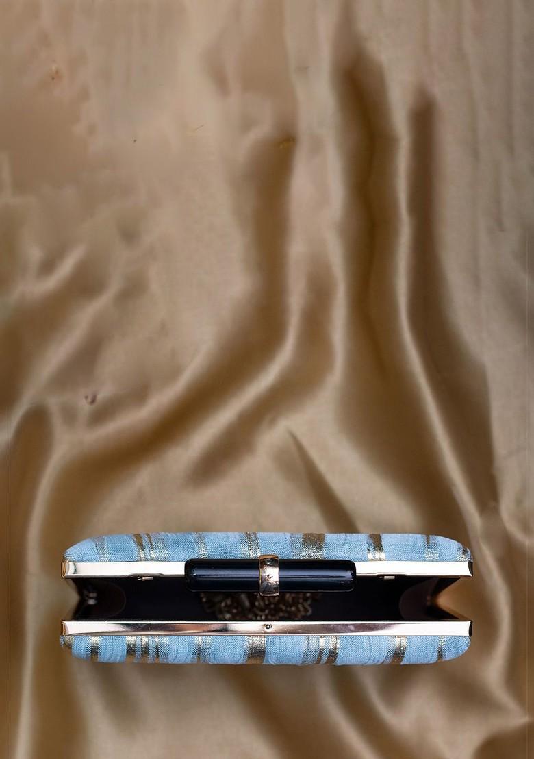 Blue Satin Embroidered Box Clutch - Indya