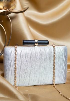 White Satin Embroidered Box Clutch