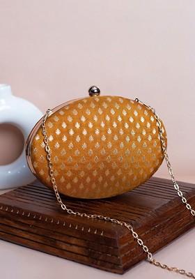 Mustard Satin Floral Self Design Brocade Oval Box Clutch