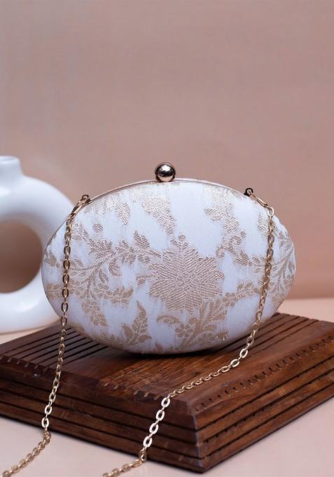 White Satin Floral Self Design Brocade Oval Box Clutch