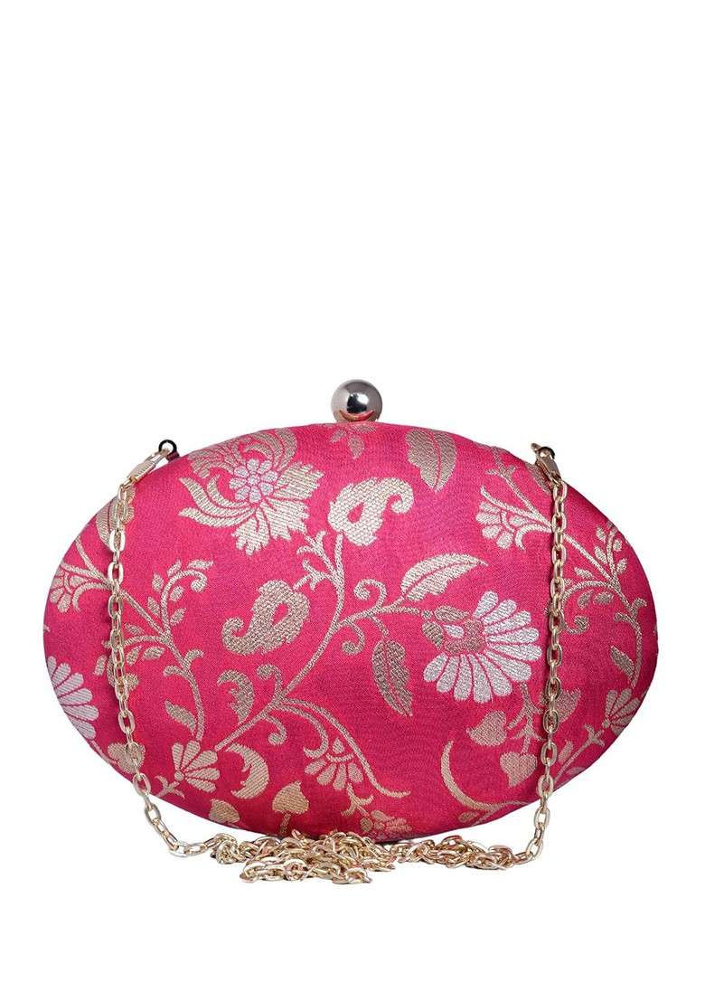 Pink Satin Floral Self Design Brocade Oval Box Clutch - Indya
