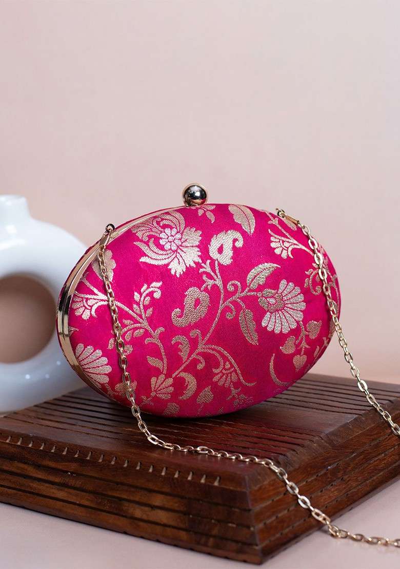 Pink Satin Floral Self Design Brocade Oval Box Clutch - Indya