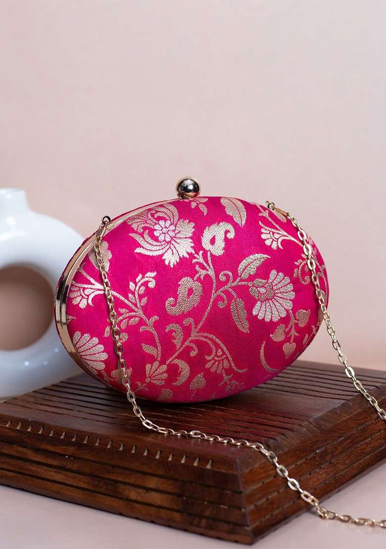 Pink Satin Floral Self Design Brocade Oval Box Clutch - Indya