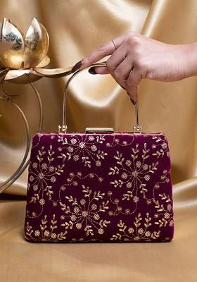 Maroon Satin Floral Embroidered Sequinned Box Clutch