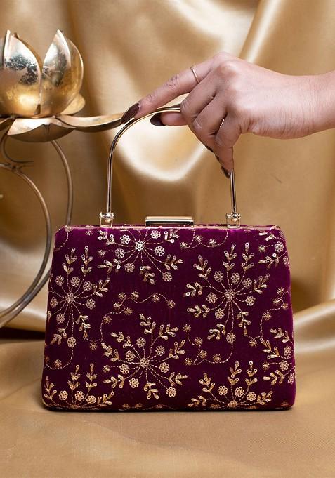 Maroon Satin Floral Embroidered Sequinned Box Clutch
