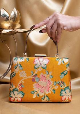 Yellow Satin Floral Embroidered Brocade Box Clutch