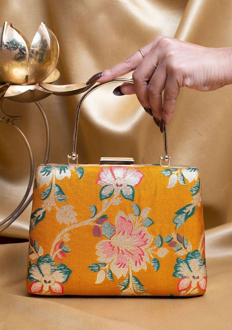 Yellow Satin Floral Embroidered Brocade Box Clutch - Indya